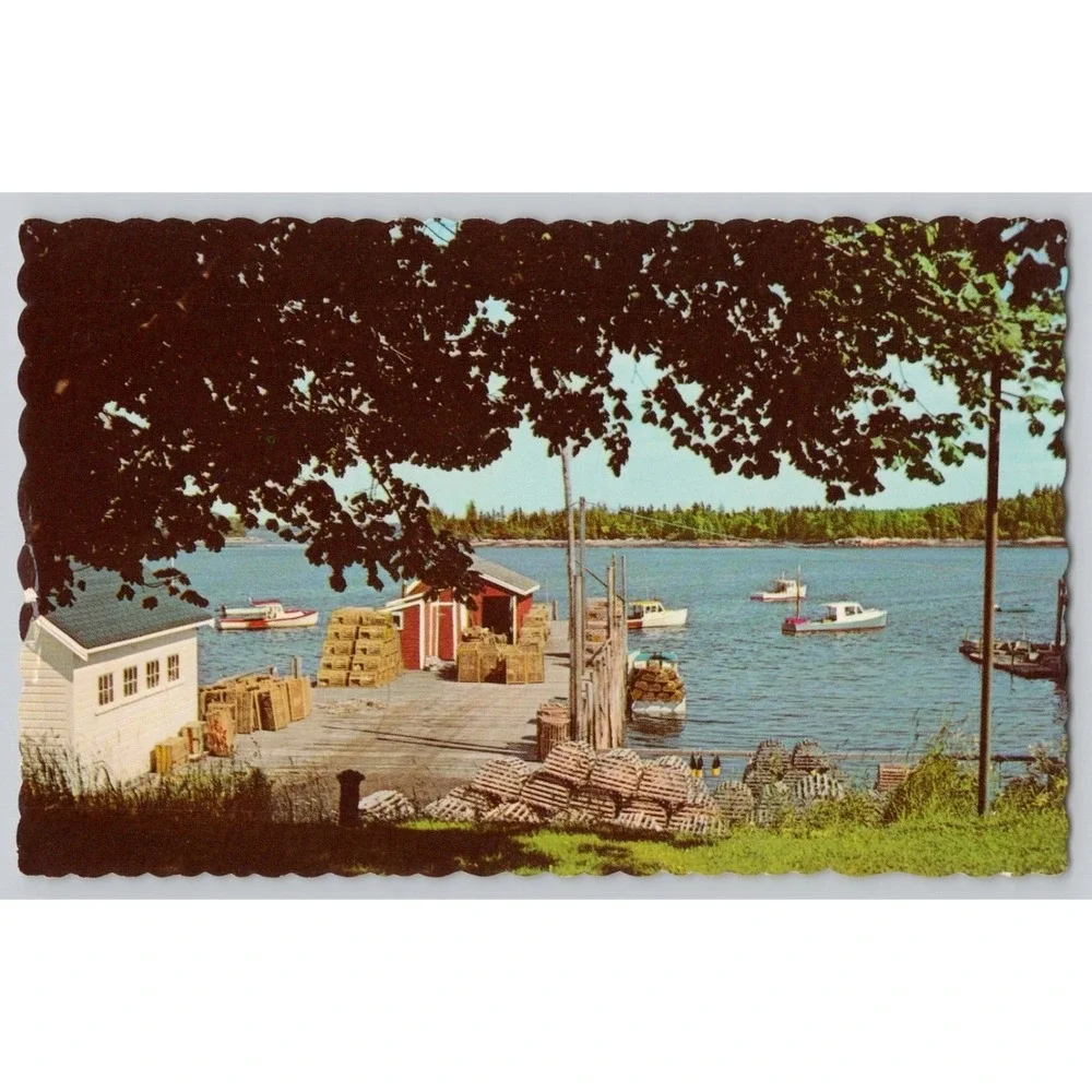 POSTCARD Friendship, Maine – Lobster Wharf Harbor Scene – c.1950s Boats Fishing